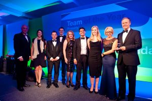 Hot property – representatives from Ward Hadaway's Property team accept the Property Team of the Year Award at the Northern Law Awards from (far left) awards compere Colin Briggs of BBC Newcastle and (second from right) Tonia Reeve of award sponsors NWG Property Solutions. Members of the team pictured are (from second left) Sharon Mathieson, Jonathan Yates, Phillip Dunn, Lesley Fairclough, Nick Gholkar, Melissa Walker and (right, holding trophy) Head of Property Neil Robson.