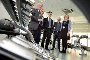 In shape – (from left) Ralph Wrighton, Sarah Jones and Neil Williamson of Ward Hadaway with Paul Humble of Turner & Townsend and Sunderland College Director of Facilities Karen Wade inspecting the fitness suite at the new Bede Campus at Sunderland College