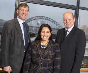 Ministerial visit – Exchequer Secretary of the Treasury Priti Patel MP (centre) at Ward Hadaway's offices with the firm's Head of Commercial Colin Hewitt (right) and James Ramsbotham, chief executive of the North East Chamber of Commerce.
