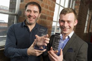 Winning ways - (from left) Ian Simkins and Jeremy Pierce of Silven Recruitment celebrate the company's double win at the Ward Hadaway Greater Manchester Fastest 50 Awards 2016.