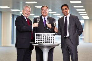 Moving in – (from left) Ward Hadaway Commercial Partner Philip Jordan, Ward Hadaway Managing Partner Jamie Martin and Executive Partner for Ward Hadaway's Leeds office Harmajinder Hayre celebrate the move to the law firm's new home at 5 Wellington Place.