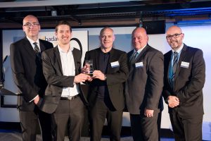 Big win - Eldapoint Ltd won the award for fastest growing large business and are here pictured with Paul Johnson of Ward Hadaway (left), Paul O'Halloran of MEN Media (right) and Greater Manchester Combined Authority chief executive Eamonn Boylan (second from right)
