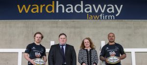 Signing up - (left to right) Joel Hodgson (Newcastle Falcons), Alan Ross (Ward Hadaway Construction Associate), Lesley Fairclough (Ward Hadaway Partner and Head of Development) and Nili Latu (Newcastle Falcons) celebrate Ward Hadaway's continued sponsorship of the team.