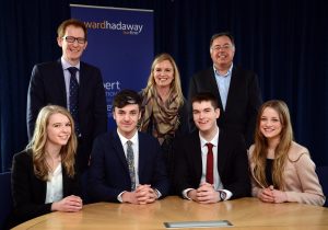 New generation – (seated, from left) Newcastle University law students Celia Johnson-Morgan, Matthew Timm, Alexander Kidd and Kelly McFarlane with (standing, from left) Jamie Gamble of Ward Hadaway, Bronwen Jones of Newcastle University and Ward Hadaway Managing Partner Jamie Martin.