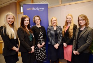 Student stars – (from left) Northumbria University Ward Hadaway scholarship recipients Amelia Shaw and Paige Lewis with Christine Fletcher, Senior Lecturer in the School of Law at Northumbria University; Ward Hadaway Partner and Head of Graduate Recruitment Nicola Richardson; Northumbria University Ward Hadaway work experience recipients Felicity Nelson and Emily Ibberson.