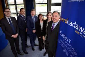 On the up – promoted Partners at Ward Hadaway (from left) Neil Smith, Russell Ward, Stuart Craig, Gillian Muir and Fiona Wharton with the firm's Managing Partner Jamie Martin.