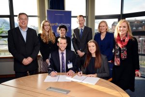 Learning the law – (seated) Ward Hadaway scholarship recipients Christopher Grayson and Rebecca Riding with (standing, from left) Ward Hadaway managing partner Jamie Martin, work experience recipients Georgia Whitfield and Ashleigh Hamidzadeh, Jamie Gamble and Nicola Richardson of Ward Hadaway and Bronwen Jones of Newcastle University.