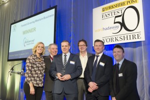 Award success - (third from left) Rory Watts, Mike Danby and Ben Balfour of fastest growing medium-sized company Advanced Forwarding Limited with (from left) the BBC's Steph McGovern, Philip Jordan of Ward Hadaway and (right) Greg Wright of The Yorkshire Post.