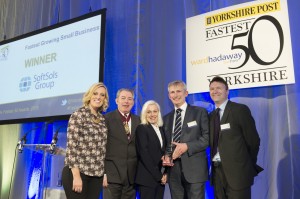 Success story - (third from left) Kate Pullen and David Hipkin of SoftSols Group, winners of the fastest growing small business award, with (from left) the BBC's Steph McGovern, Philip Jordan of Ward Hadaway and (right) Greg Wright of The Yorkshire Post.