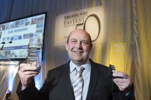 Chris Tute of Transwaste Recycling and Aggregates Ltd celebrates a double win in the Yorkshire Fastest 50 Awards 2014.