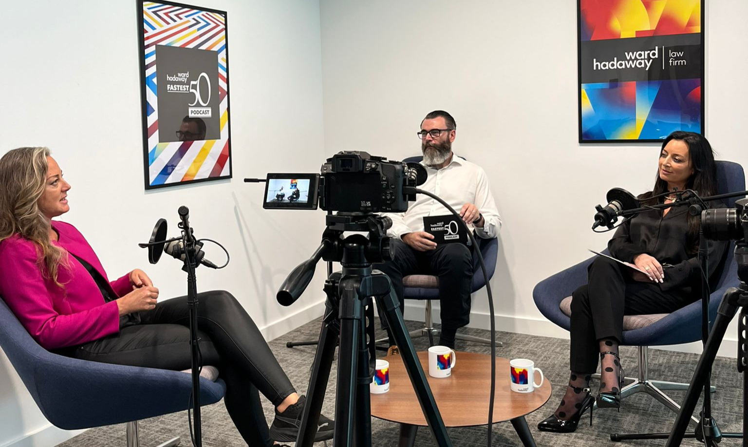 Zandra Moore MBE recording podcast with Alistair McDonald and Emma Digby